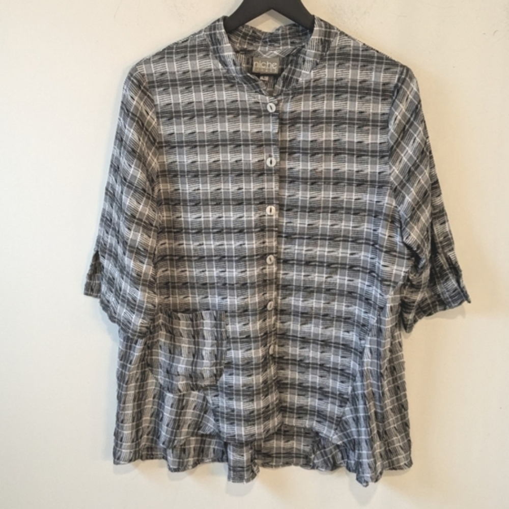 Niche Nilgun Derman Grey Plaid Button Up High Low Lagenlook Tunic Pocket Large